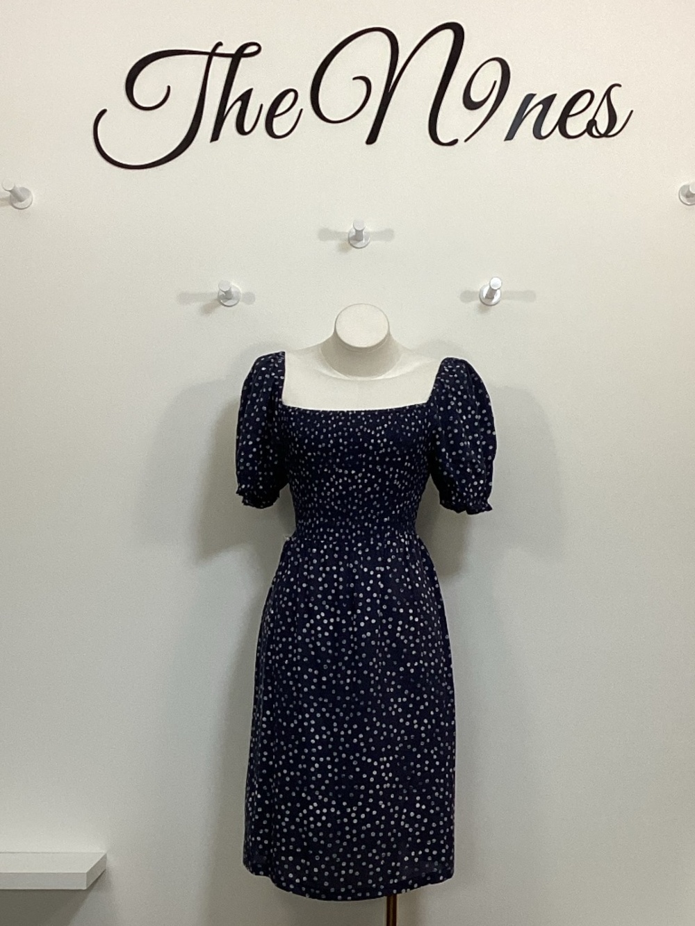 ROXY Blue & White Polka Dot Smocked Balloon Sleeve Midi Dress EUC XL